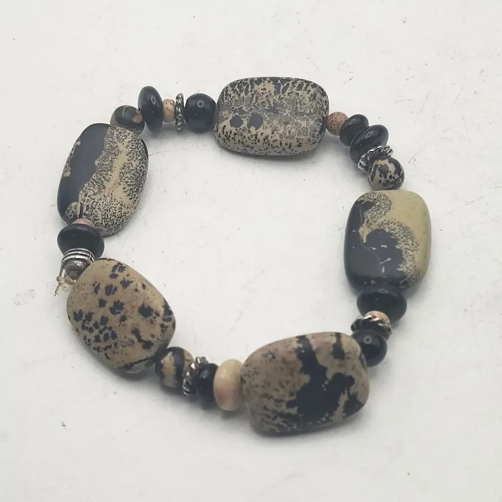 Dalmatian Jasper Bracelet Black Tan Spotted Beaded Stretch Boho Jewelry 7 Inch